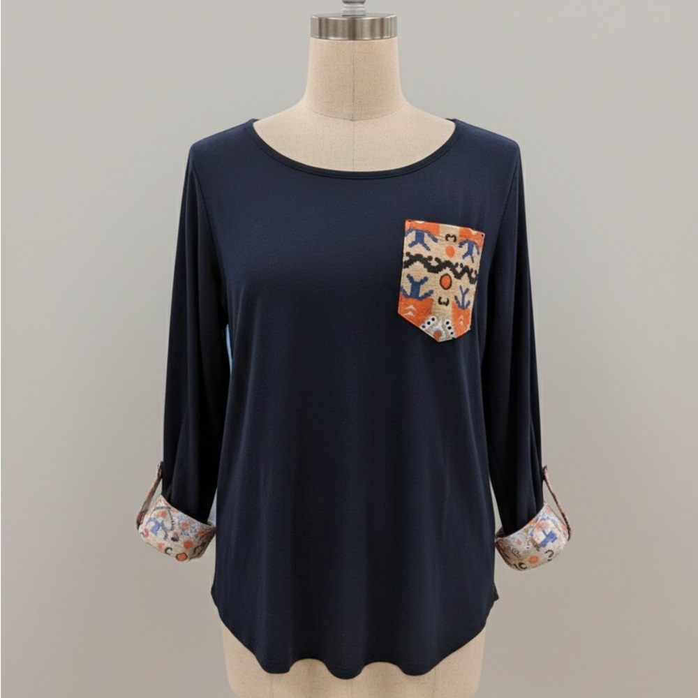 Navy Long Sleeve Top with Patterned Accents